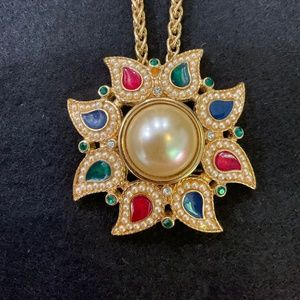 Vintage Kenneth Jay Lane KJL Blue Green Red Faux Pearl Necklace Pendant Brooch